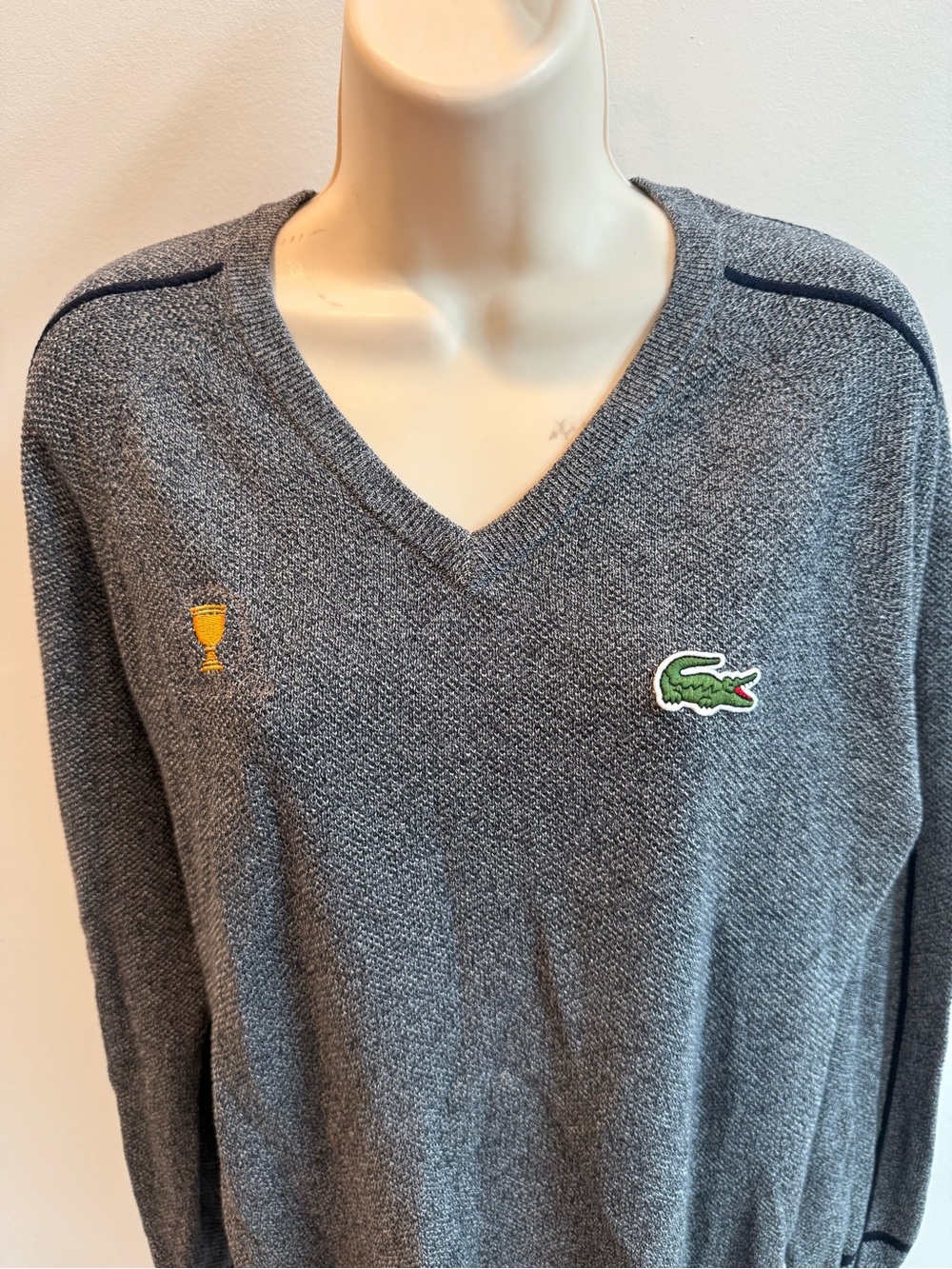 Lacoste Sport President Cup Golf Heather Gray V-Neck Sweater Crocodile Size L